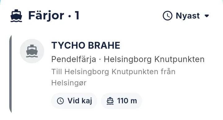 Färjekort i appen: pendelfärjan Tycho Brahe till Helsingborg Knutpunkten, vid kaj.